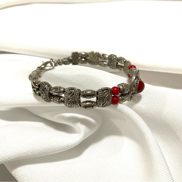 Tibertan Silver-Tone Red Beads & Cabochon Bracelet - Picture 3 of 5